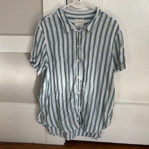 American Eagle Green Vertical Striped Short-Sleeved Button-up Shirt